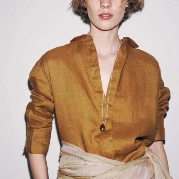 ZARA Linen Long Sleeve Copper Button Up Blouse Sz Small Classic Work Minimalist - Picture 1 of 11